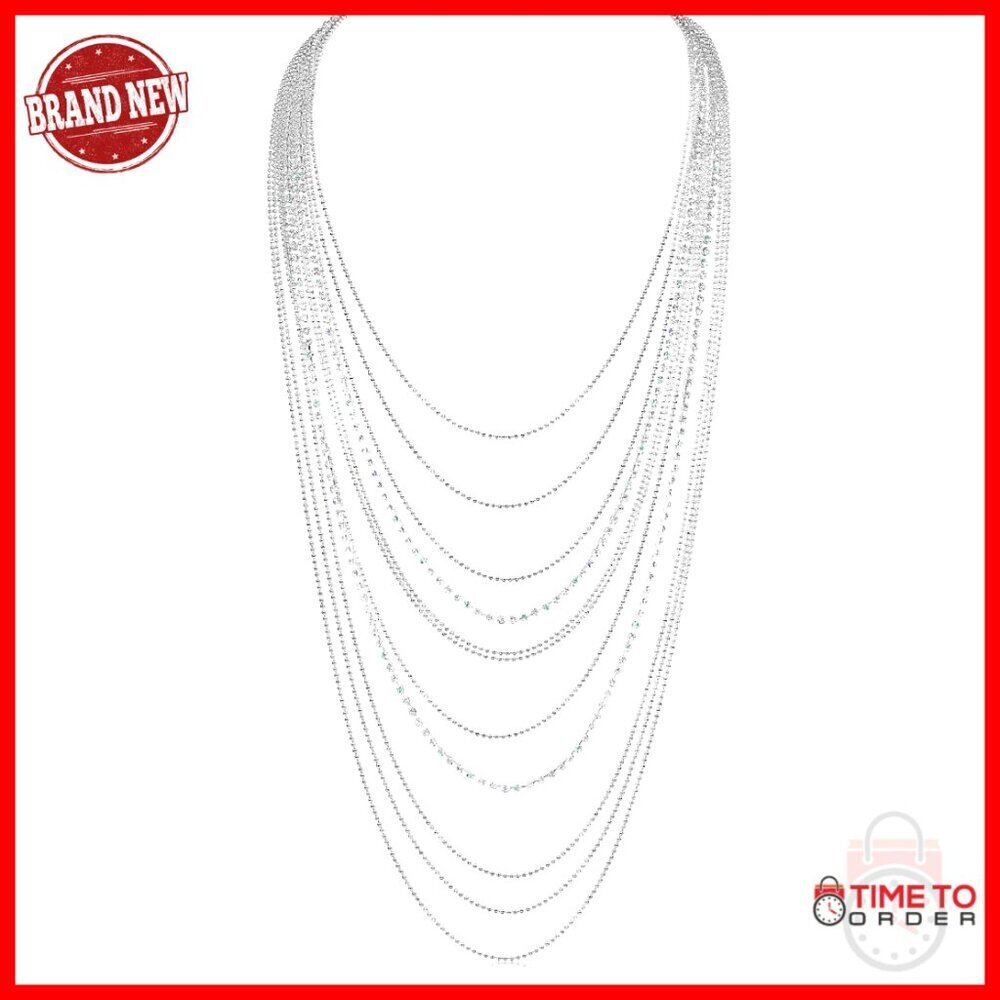 Simulated Diamond Layered Necklace, 33 Inch Waterfall Chain, Cubic Zirconia